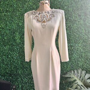 Vintage Cream Beaded Sequin & Pearl Long Sleeve Dress